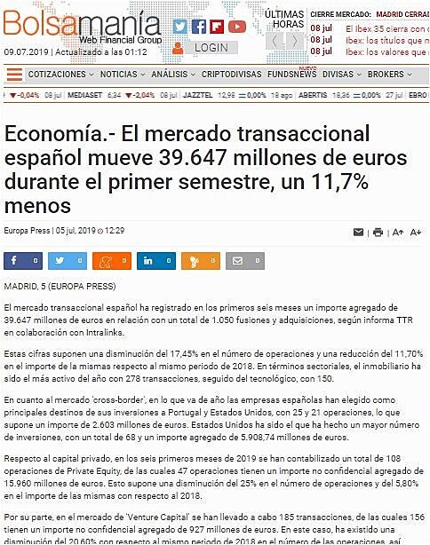 El mercado transaccional espaol mueve 39.647 millones de euros durante el primer semestre, un 11,7% menos